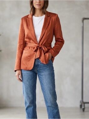 Entro Tie-Waist Satin Blazer Jacket - Rust S M or L